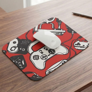 Red Gaming Doodle Pattern Printed Mouse Pad - Image 1